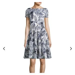 St John Metallic Etched Floral Short-Sleeve Cocktail Dress, Blue/Silver